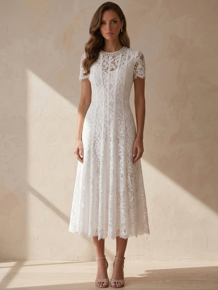 A-Line/Princess Scoop Lace Cocktail Dresses Tea-Length Little White Dresses Beading Short Sleeves Party Dresses