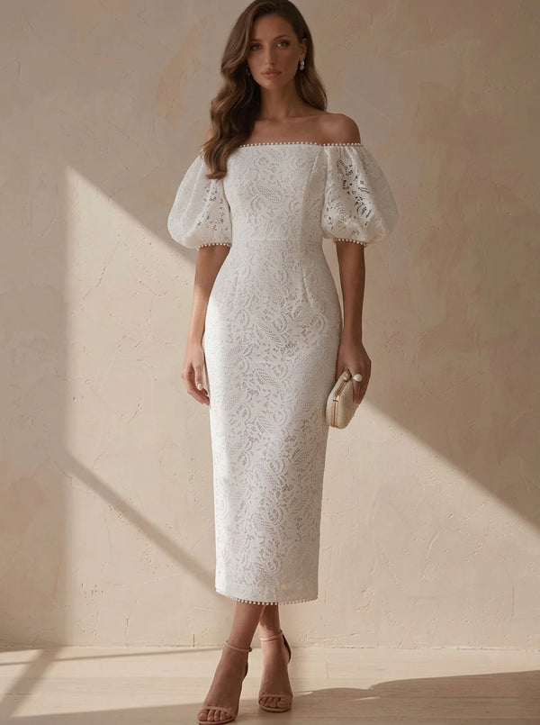 Sheath/Column Off-the-Shoulder Lace Cocktail Dresses Tea-Length Little White Dresses Beading Puff Sleeves Party Dresses