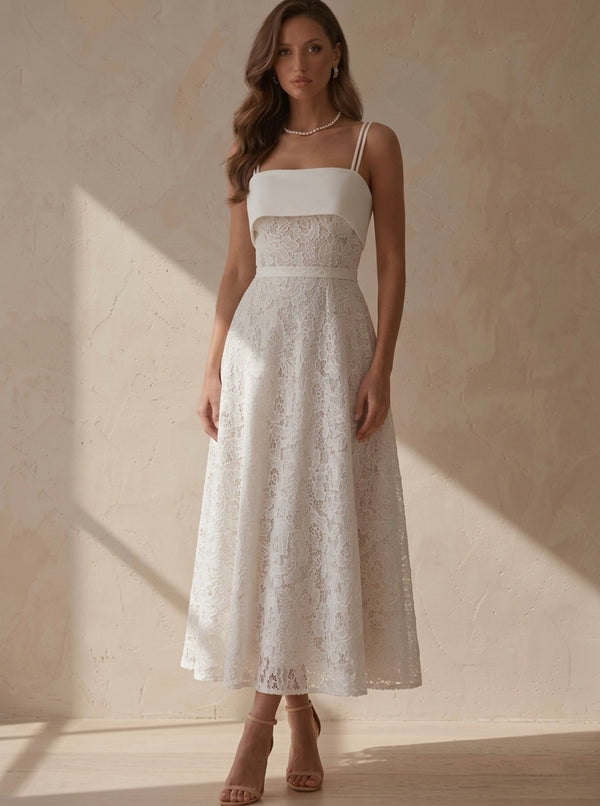 A-Line/Princess Spaghetti Straps Lace Cocktail Dresses Tea-Length Little White Dresses Sleeveless Party Dresses