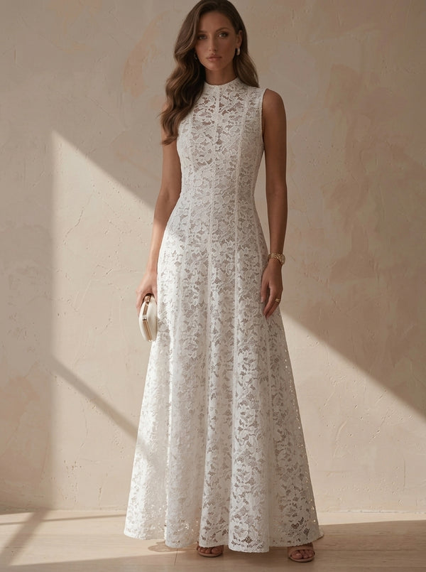 A-Line/Princess Mock Neck Lace Formal Dresses Ankle-Length Sleeveless Floral Evening Dresses