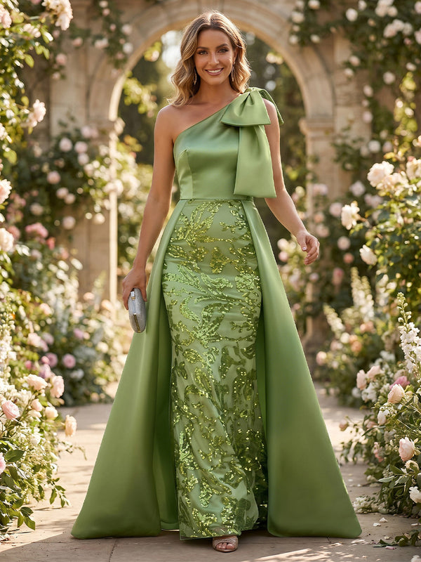 A-Line/Princess One-Shoulder Satin Formal Dresses with Overskirt Floor-Length Sleeveless Floral Sequins Bowknot Evening Dresses