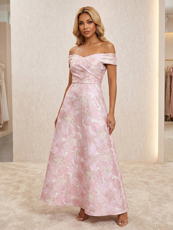 A-Line/Princess Off-the-Shoulder Cocktail Dresses Jacquard Ankle-Length Sleeveless Floral Party Dresses