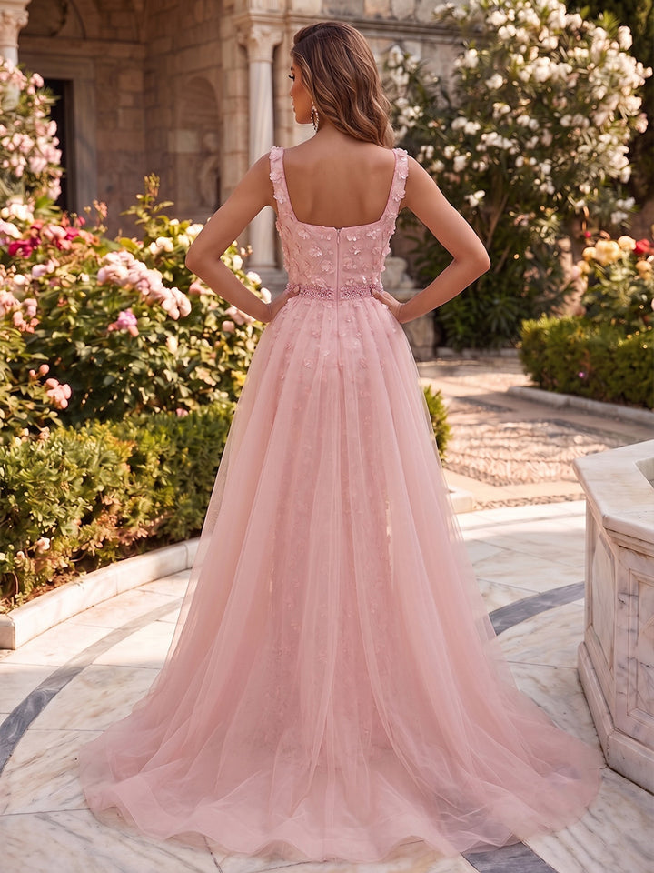 Sheath/Column Square Collar Evening Dresses with Overskirt 3D Flower Floor-Length Floral Sleeveless Formal Dresses