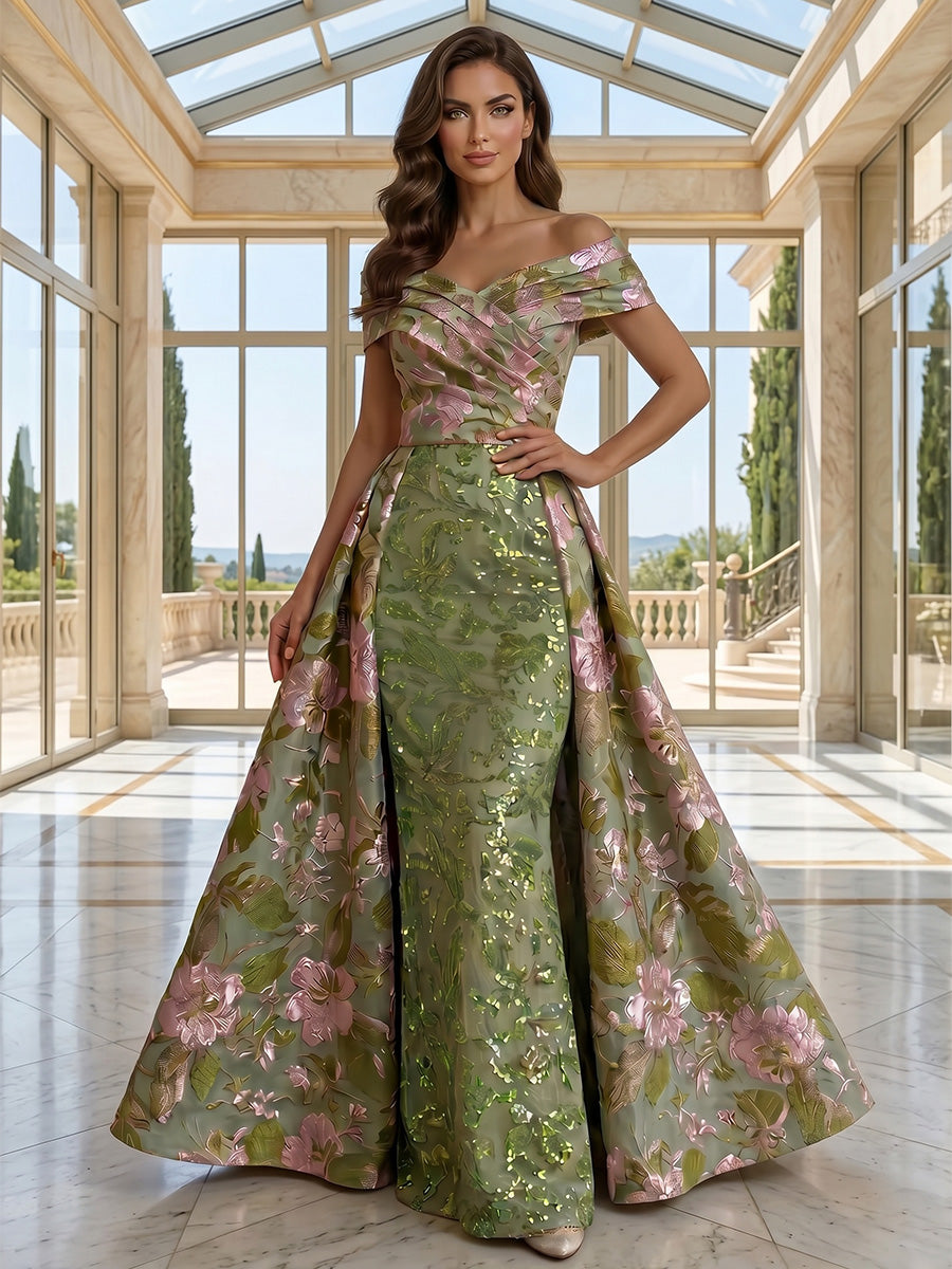 Sheath/Column Off-the-Shoulder Evening Dresses with Overskirt Sequins Floor-Length Floral Sleeveless Formal Dresses
