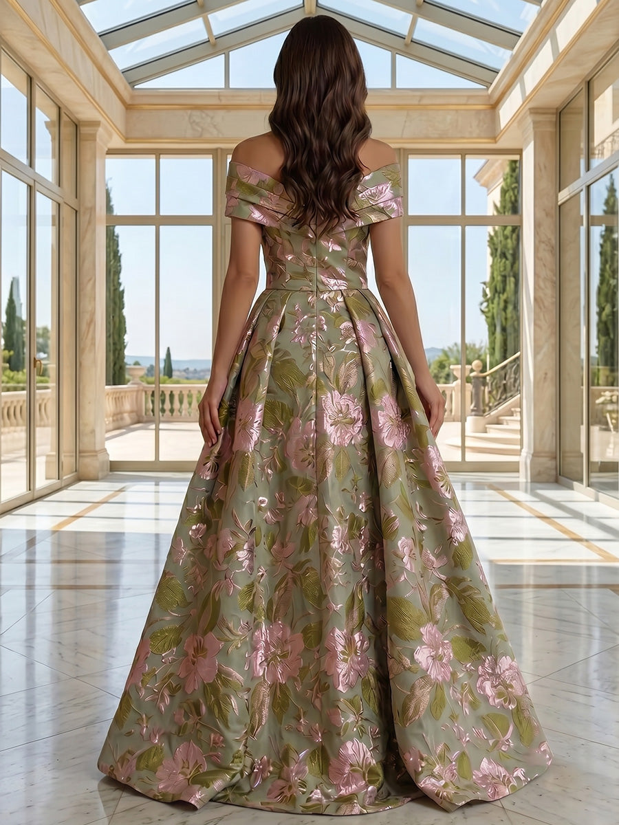 Sheath/Column Off-the-Shoulder Evening Dresses with Overskirt Sequins Floor-Length Floral Sleeveless Formal Dresses
