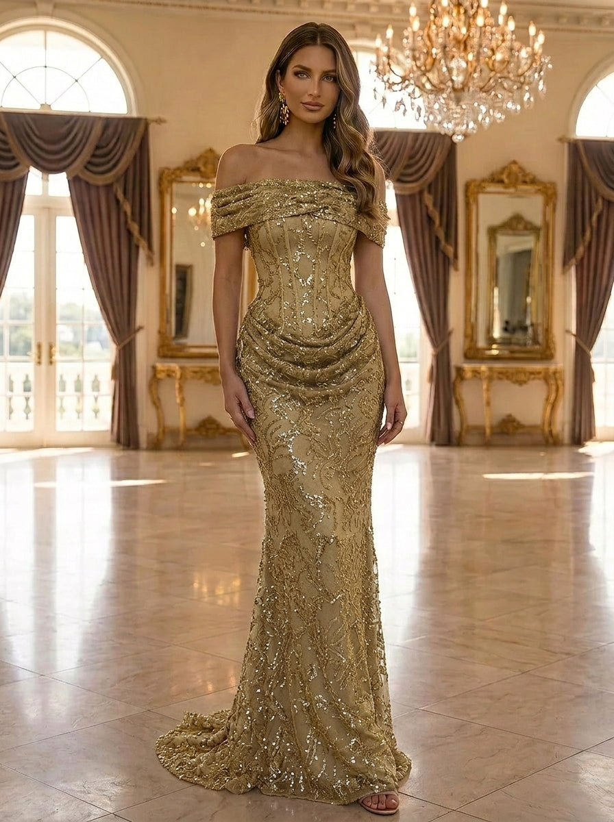 Sheath/Column Off-the-Shoulder Sequins Evening Dresses Floor-Length Sleeveless Ruched Formal Dresses