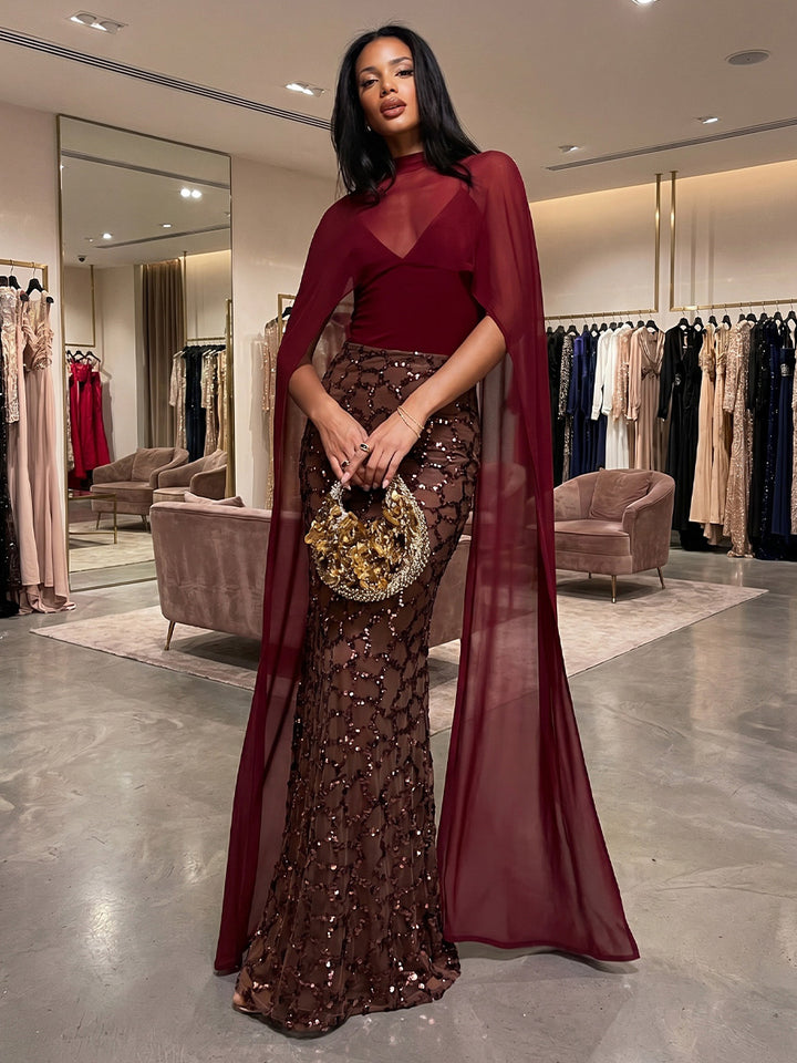 Sheath/Column Mock Neck Chiffon Evening Dresses Sequins Floor-Length Cape Sleeves Formal Dresses