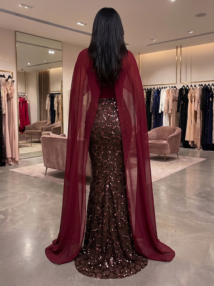 Sheath/Column Mock Neck Chiffon Evening Dresses Sequins Floor-Length Cape Sleeves Formal Dresses