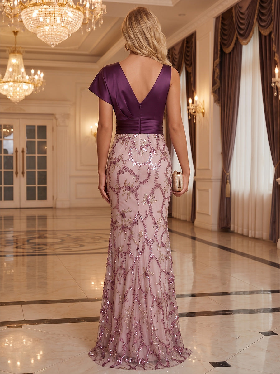 Sheath/Column V-Neck Silk Satin Formal Dresses Sequins Floor-Length Evening Dresses Short Sleeves