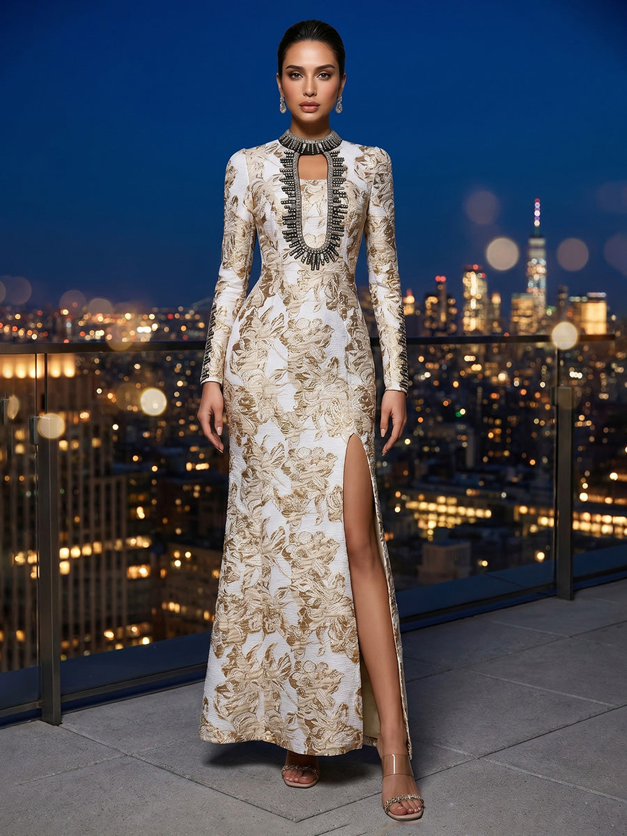 Sheath/Column Scoop Jacquard Formal Dresses Beading Ankle-Length Long Sleeves Floral Evening Dresses