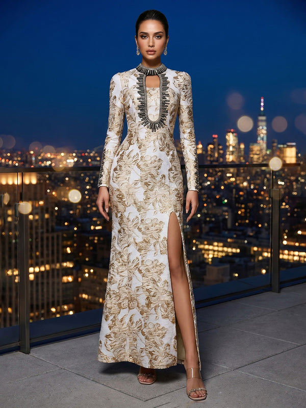 Sheath/Column Scoop Jacquard Formal Dresses Beading Ankle-Length Long Sleeves Floral Evening Dresses