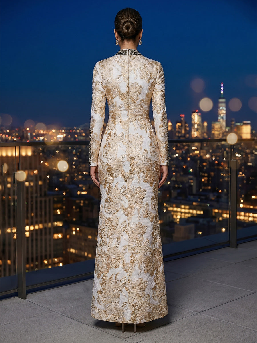 Sheath/Column Scoop Jacquard Formal Dresses Beading Ankle-Length Long Sleeves Floral Evening Dresses
