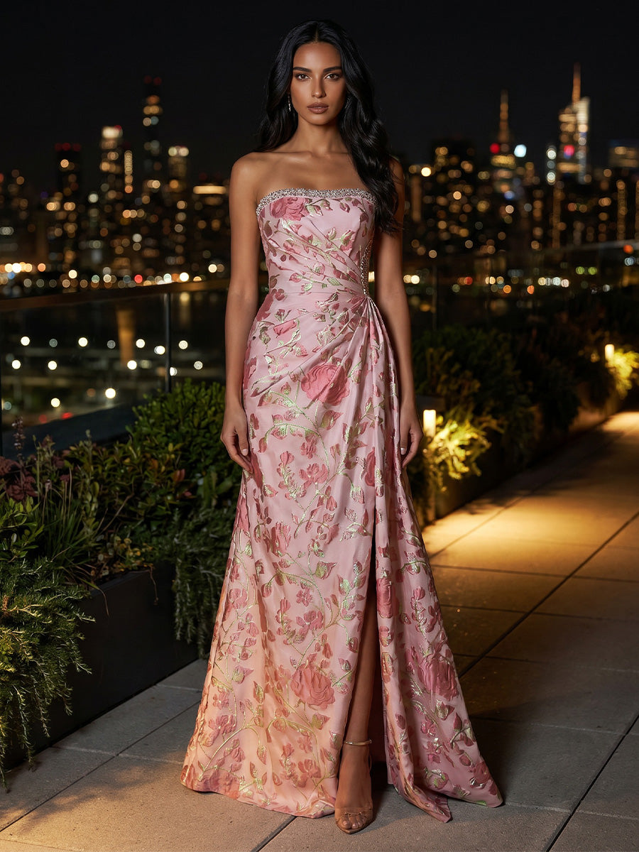 A-Line/Princess Strapless Jacquard Formal Dresses with Split Side Floor-Length Ruched Sleeveless Floral Evening Dresses