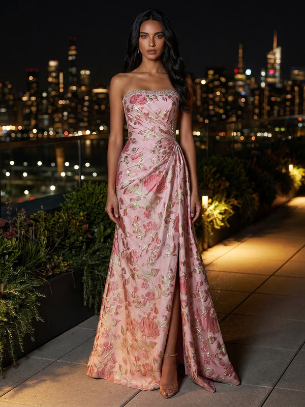 A-Line/Princess Strapless Jacquard Formal Dresses with Split Side Floor-Length Ruched Sleeveless Floral Evening Dresses
