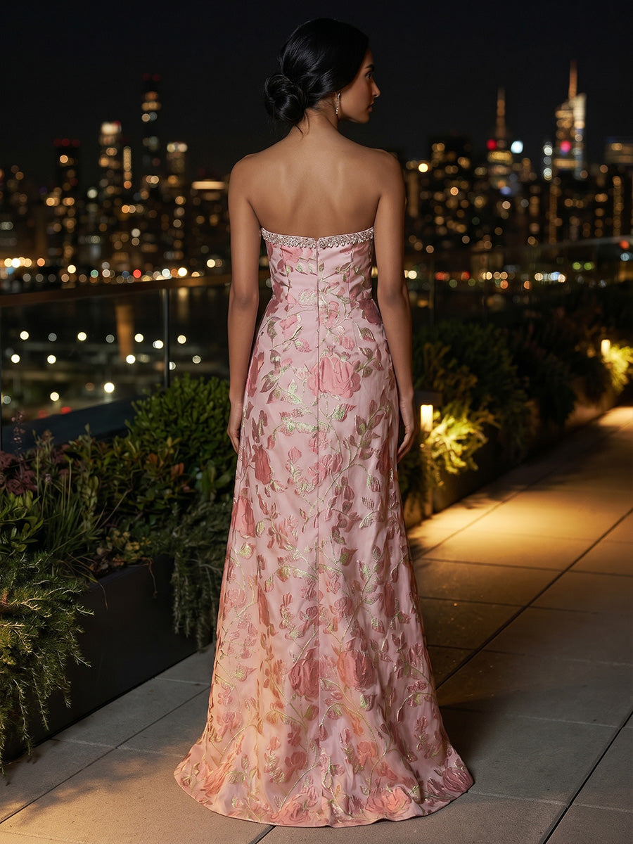 A-Line/Princess Strapless Jacquard Formal Dresses with Split Side Floor-Length Ruched Sleeveless Floral Evening Dresses