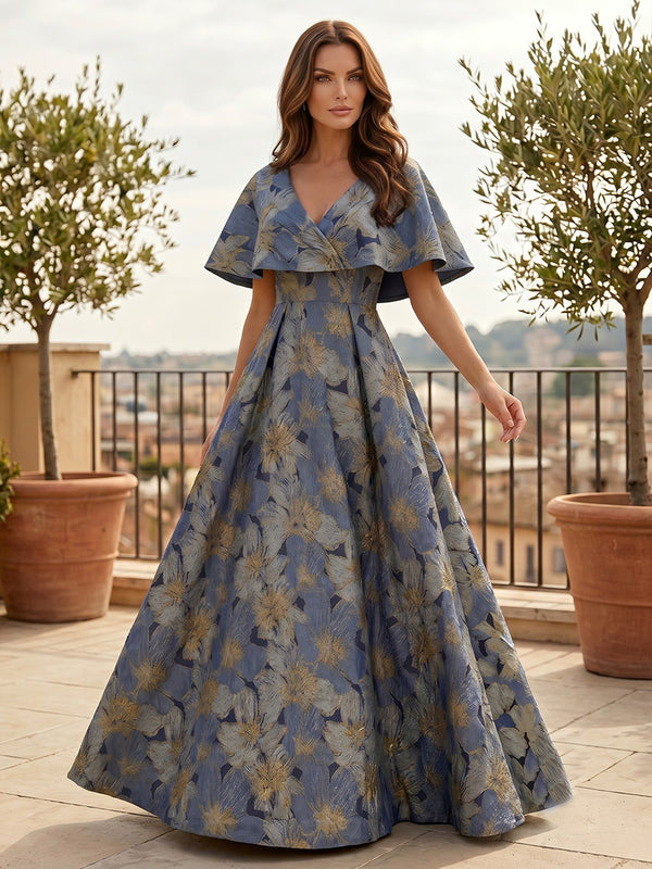 A-Line/Princess V-Neck Jacquard Formal Dresses Floor-Length Cape Sleeves Floral Evening Dresses