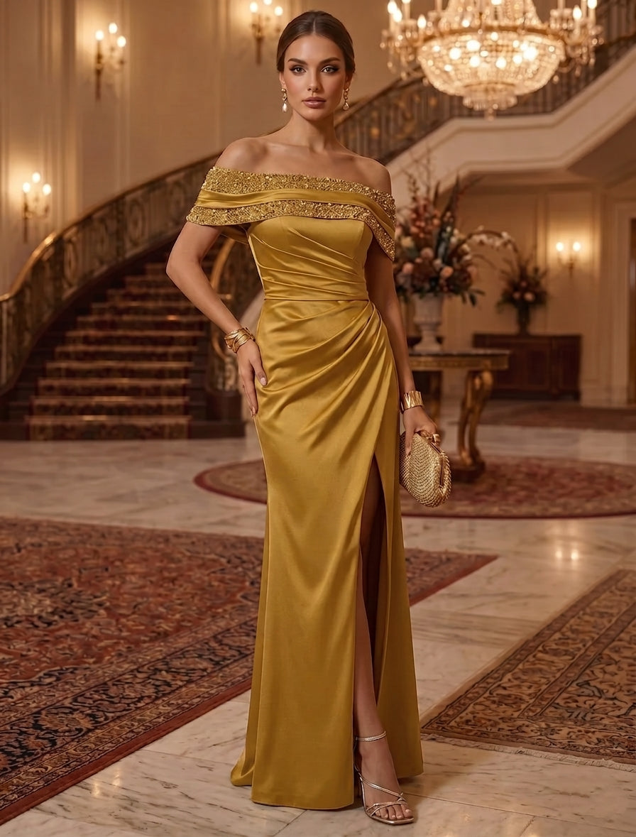 Sheath/Column Off-the-Shoulder Silk Satin Evening Dresses Sleeveless Sequins Ruched Floor-Length Formal Dresses, Gold