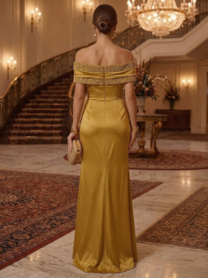 Sheath/Column Off-the-Shoulder Silk Satin Evening Dresses Sleeveless Sequins Ruched Floor-Length Formal Dresses