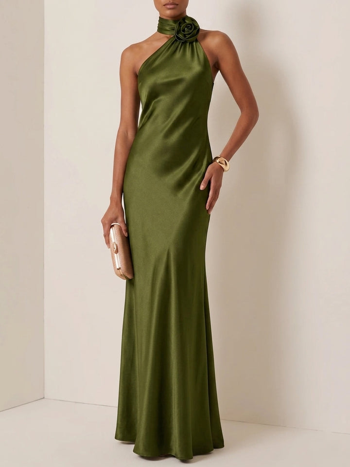 Sheath/Column Halter Silk Satin Evening Dresses 3D Flower Sleeveless Floor-Length Formal Dresses