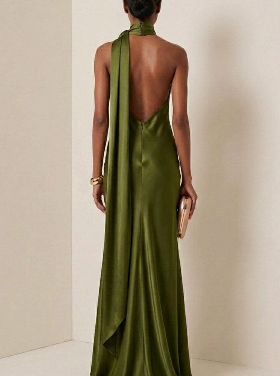 Sheath/Column Halter Silk Satin Evening Dresses 3D Flower Sleeveless Floor-Length Formal Dresses