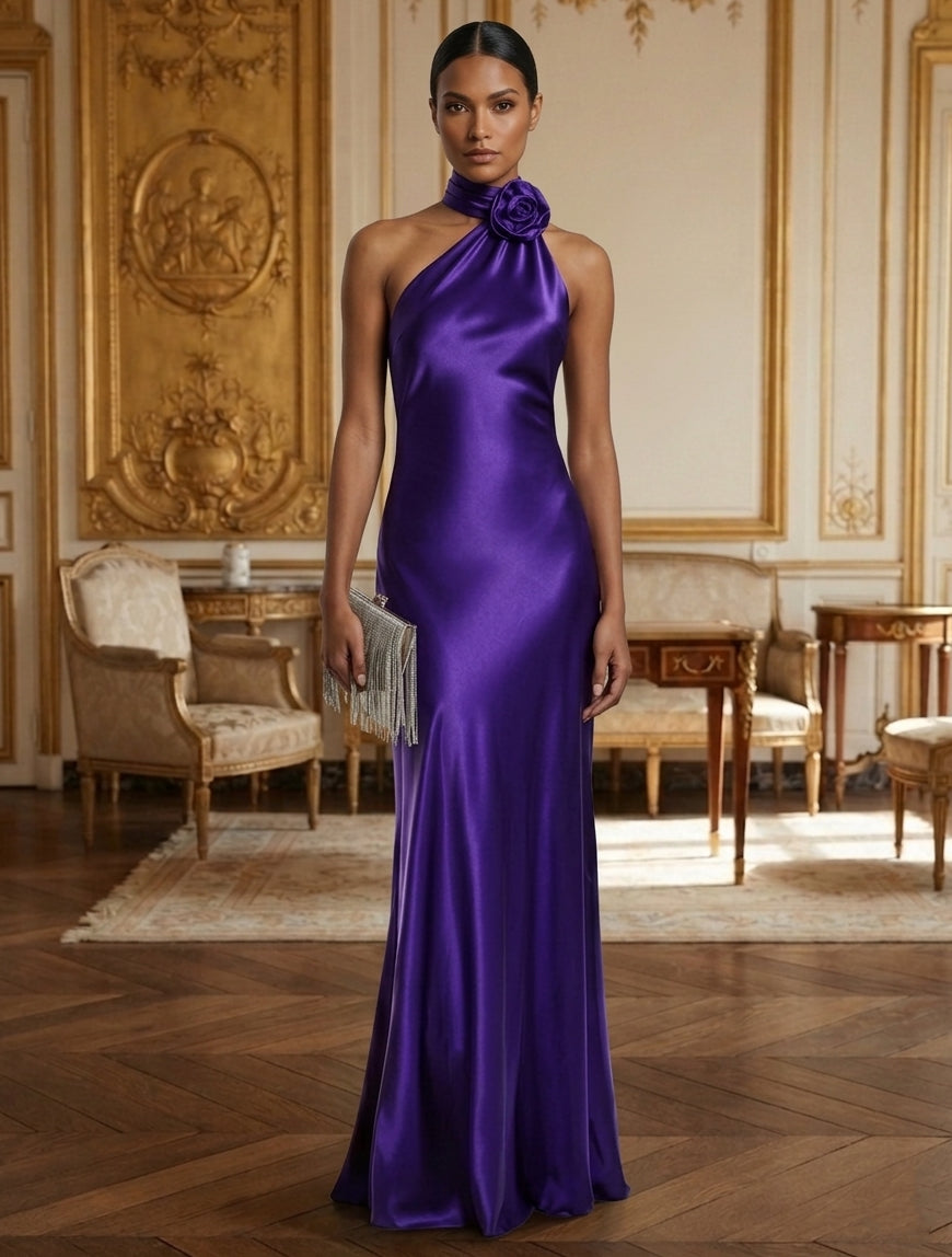 Sheath/Column Halter Silk Satin Evening Dresses 3D Flower Sleeveless Floor-Length Formal Dresses