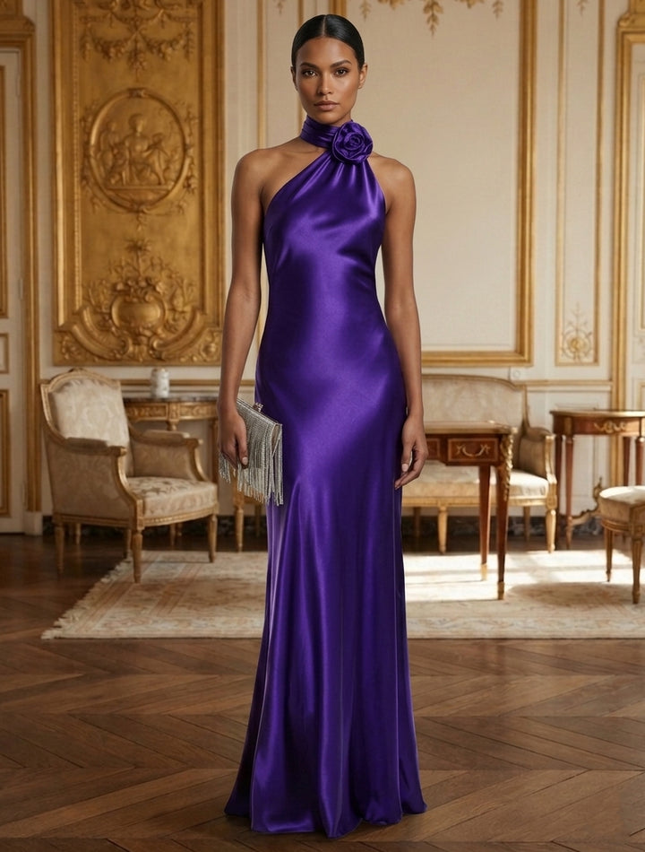 Sheath/Column Halter Silk Satin Evening Dresses 3D Flower Sleeveless Floor-Length Formal Dresses
