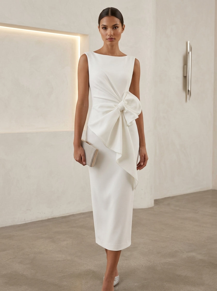 Sheath/Column Boat Neck Stretch Satin Cocktail Dresses Tea-Length Sleeveless Little White Dresses Bowknot Party Dresses