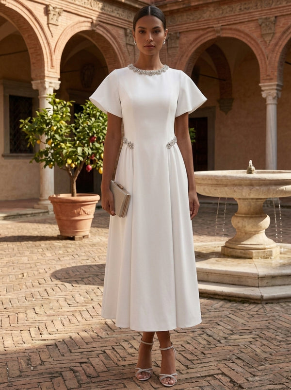 A-Line/Princess Scoop Stretch Satin Cocktail Dresses Tea-Length Short Sleeves Little White Dresses Rhinestone Party Dresses