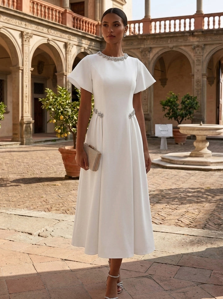 A-Line/Princess Scoop Stretch Satin Cocktail Dresses Tea-Length Short Sleeves Little White Dresses Rhinestone Party Dresses