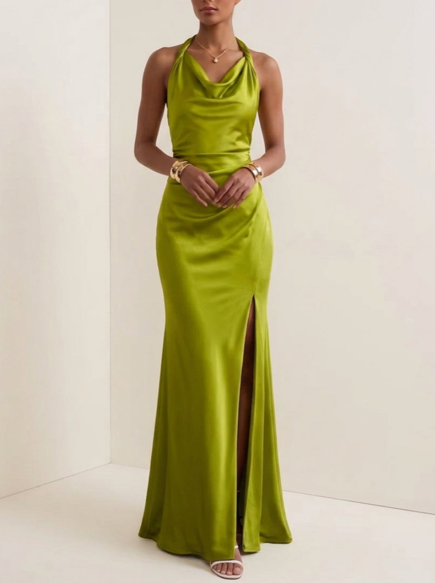 Sheath/Column Cowl Neck Silk Satin Evening Dresses with Split Side Sleeveless Floor-Length Formal Dresses