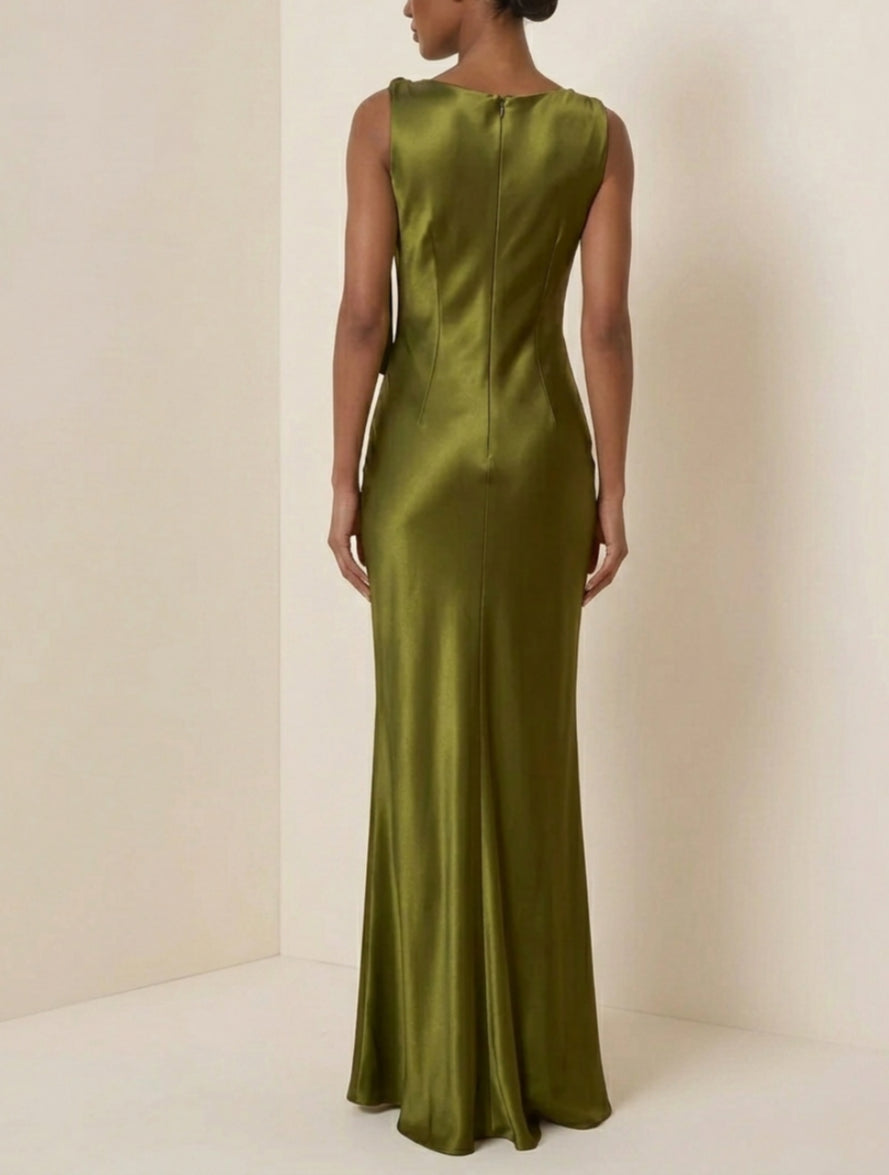 Sheath/Column Cowl Neck Evening Dresses Sleeveless Silk Satin Floor-Length Formal Dresses