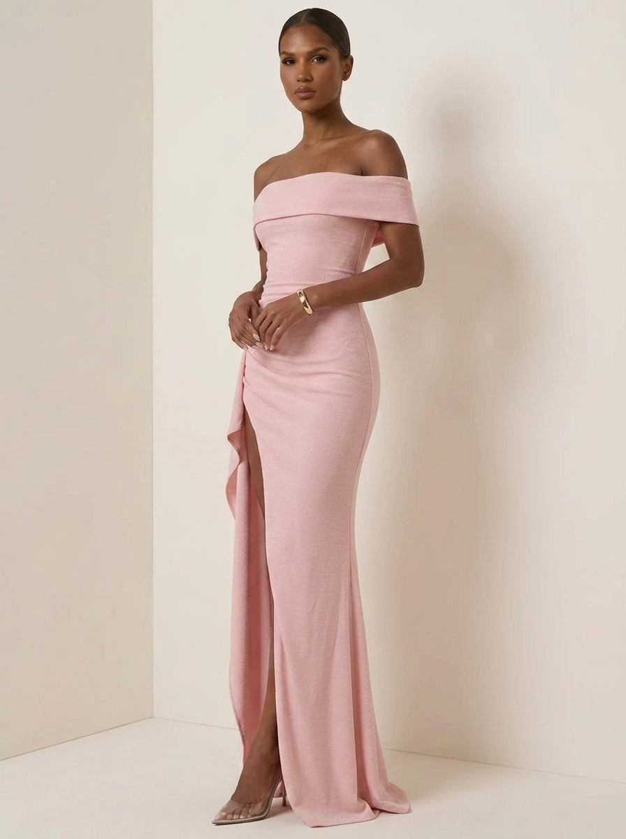 Sheath/Column Off-the-Shoulder Stretch Satin Evening Dresses with Split Side Floor-Length Sleeveless Formal Dresses