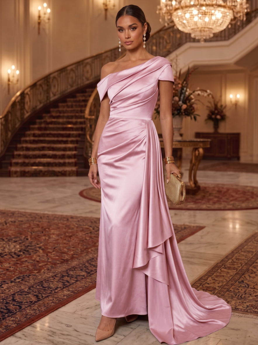 Sheath/Column One-Shoulder Silk Satin Evening Dresses with Watteau Train Sleeveless Floor-Length Formal Dresses