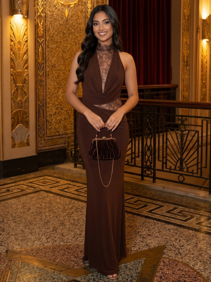 Sheath/Column Halter Spandex Evening Dresses Lace Sleeveless Floor-Length Formal Dresses