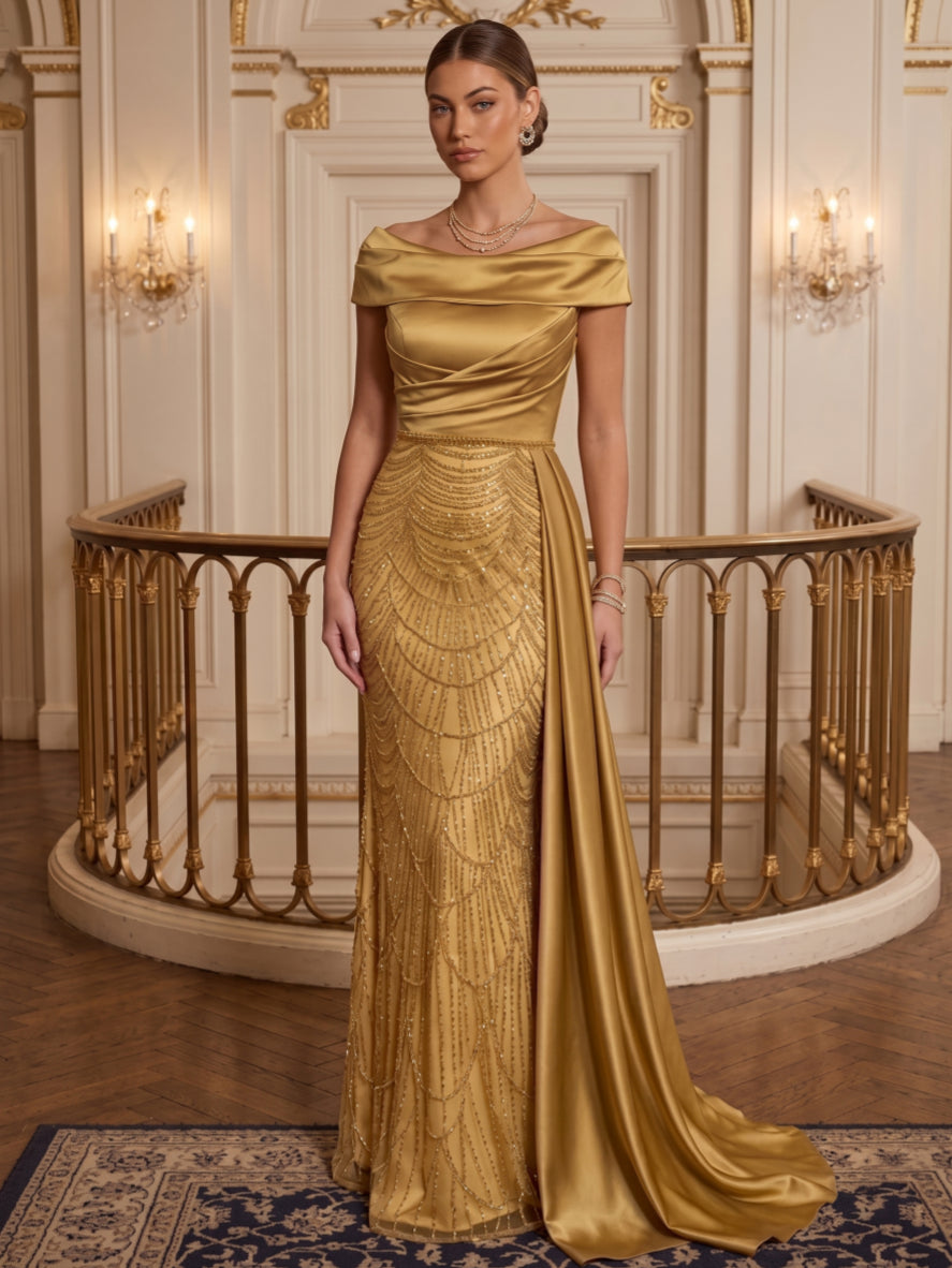 Sheath/Column Off-the-Shoulder Satin Evening Dresses with Watteau Train Sequins Floor-Length Sleeveless Formal Dresses