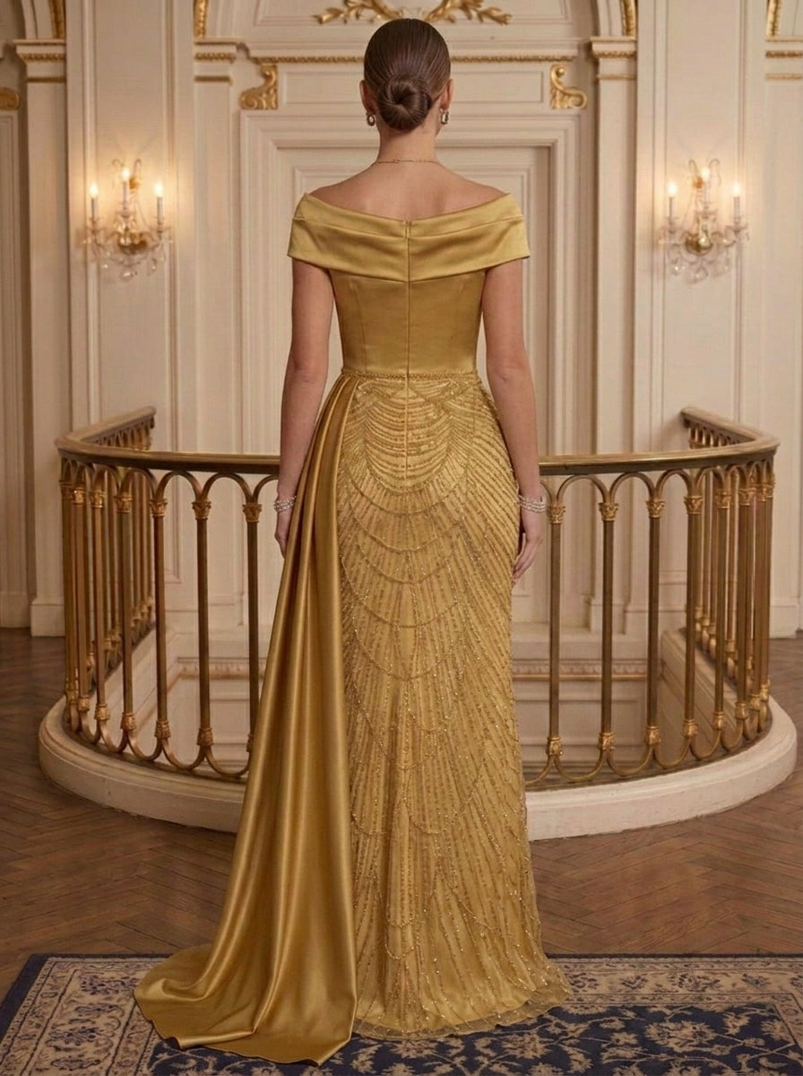 Sheath/Column Off-the-Shoulder Satin Evening Dresses with Watteau Train Sequins Floor-Length Sleeveless Formal Dresses