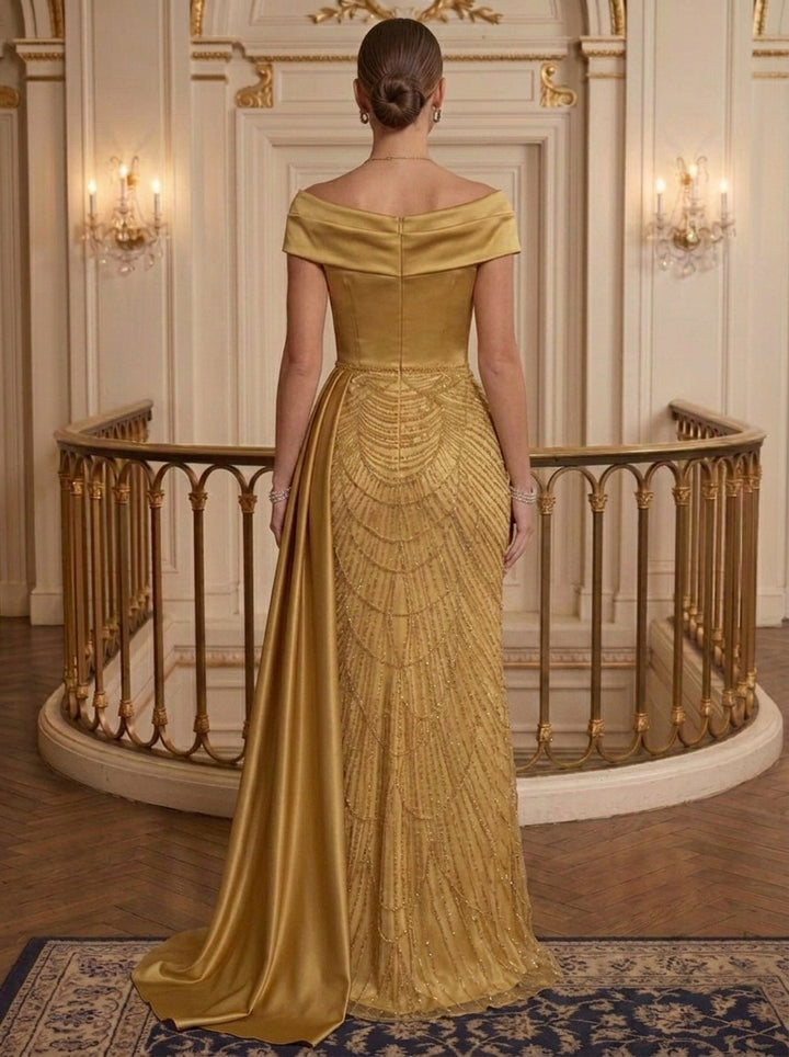 Sheath/Column Off-the-Shoulder Satin Evening Dresses with Watteau Train Sequins Floor-Length Sleeveless Formal Dresses