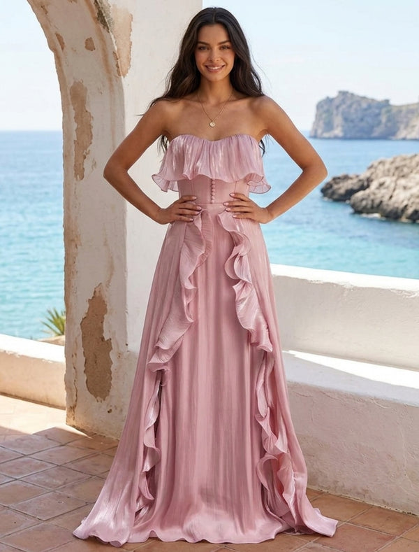 A-Line/Princess Strapless Crepe Formal Dresses Sleeveless Ruffles Floor-Length Holiday Dresses