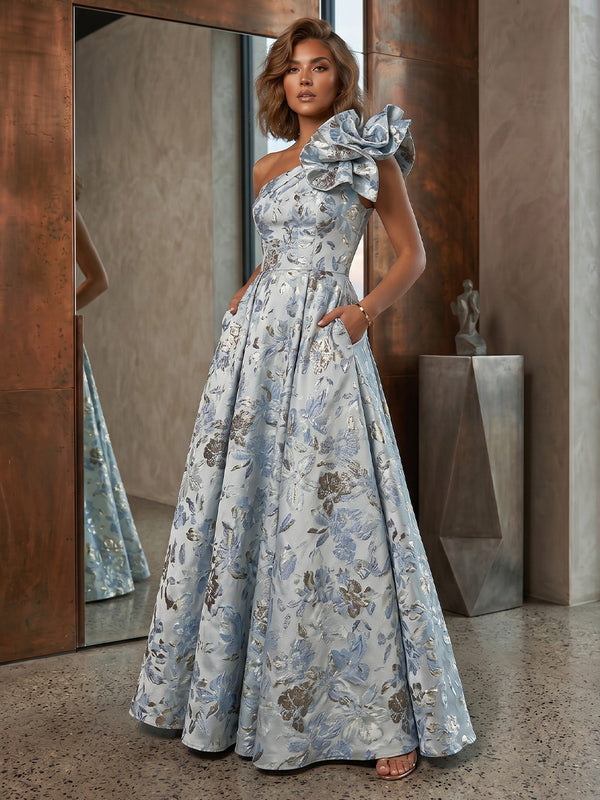 A-Line/Princess One-Shoulder Jacquard Formal Dresses Floor-Length Sleeveless Ruffles Evening Dresses