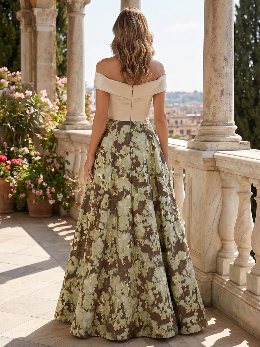 A-Line/Princess Off-the-Shoulder Off-the-Shoulder Jacquard Formal Dresses Asymmetrical Floor-Length Floral Sleeveless Evening Dresses