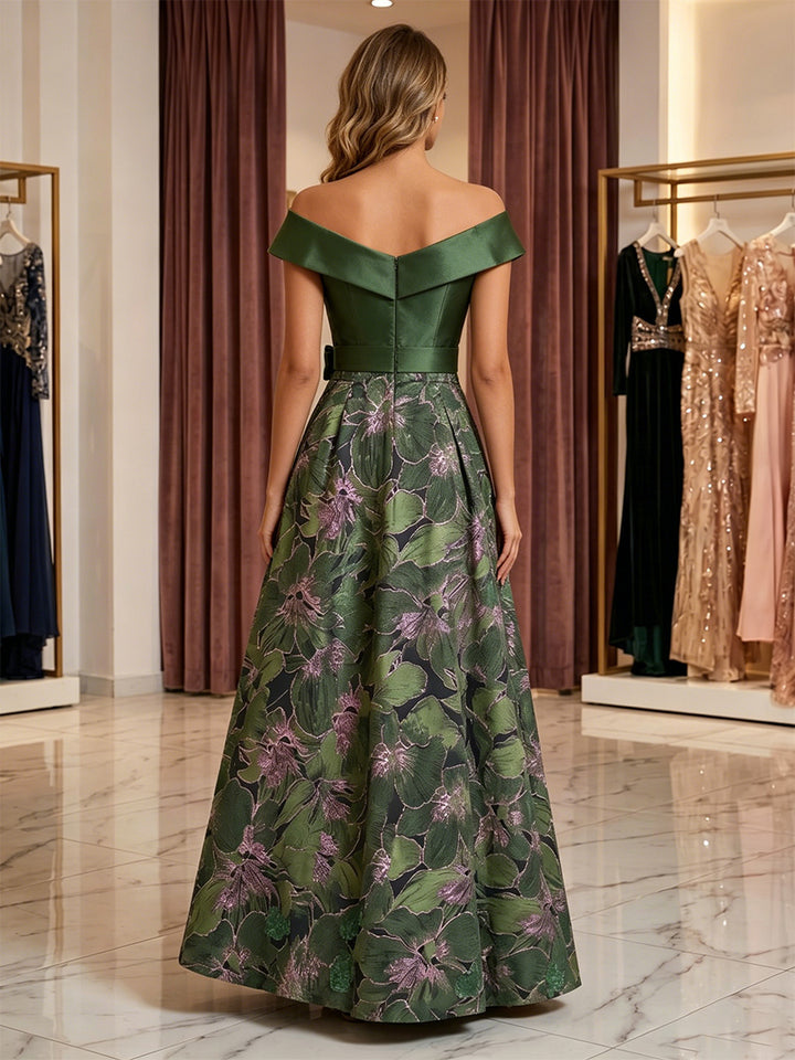 A-Line/Princess Off-the-Shoulder Jacquard Formal Dresses Floor-Length Sleeveless Bowknot Evening Dresses