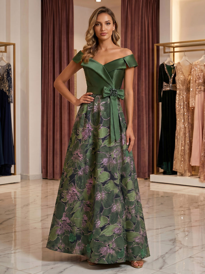 A-Line/Princess Off-the-Shoulder Jacquard Formal Dresses Floor-Length Sleeveless Bowknot Evening Dresses