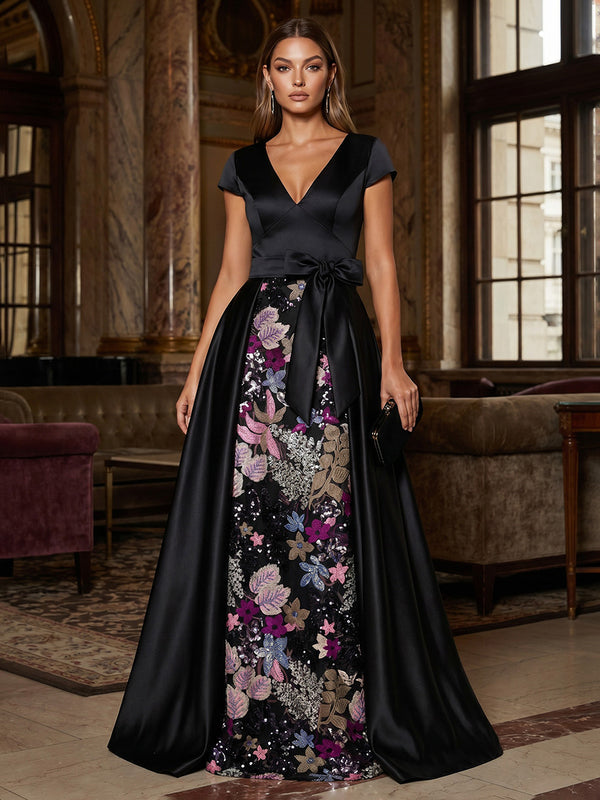 A-Line/Princess V-Neck Satin Formal Dresses with Overskirt Floor-Length Short Sleeves Floral Sequins Evening Dresses