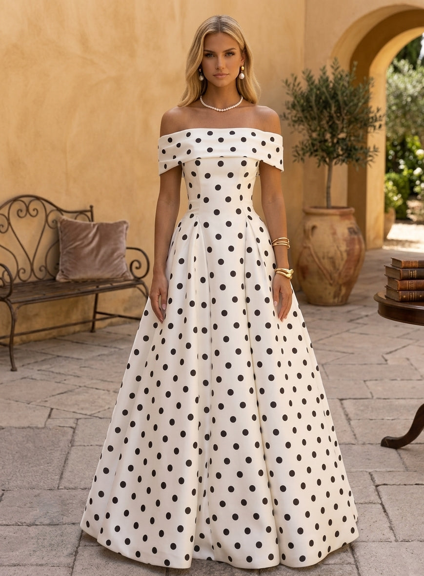A-Line/Princess Off-the-Shoulder Polka Dot Formal Dresses Floor-Length Sleeveless Evening Dresses