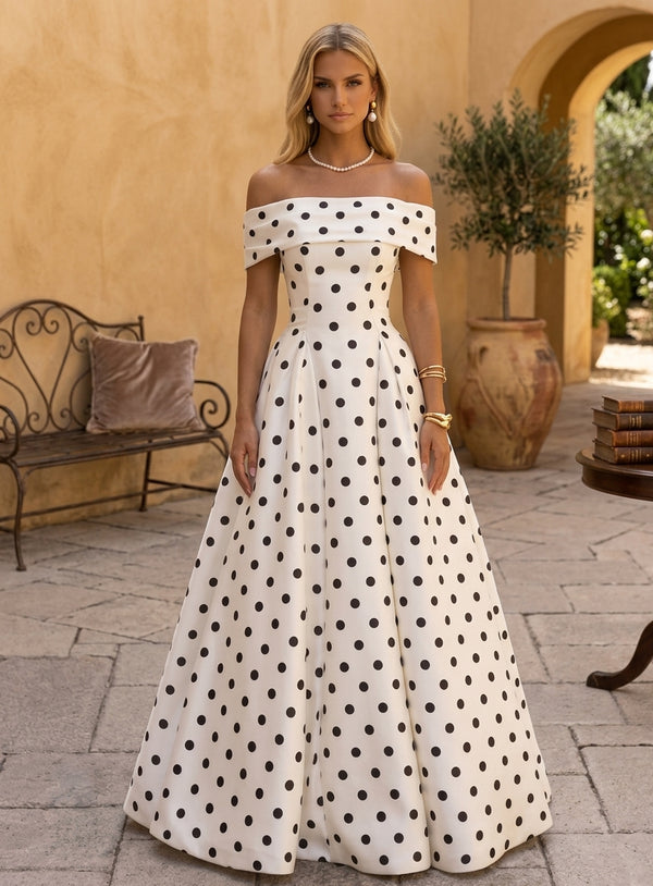 A-Line/Princess Off-the-Shoulder Polka Dot Formal Dresses Floor-Length Sleeveless Evening Dresses