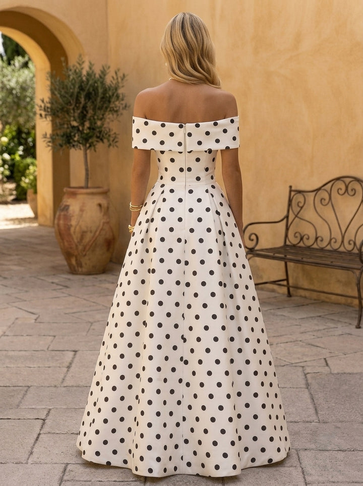 A-Line/Princess Off-the-Shoulder Polka Dot Formal Dresses Floor-Length Sleeveless Evening Dresses