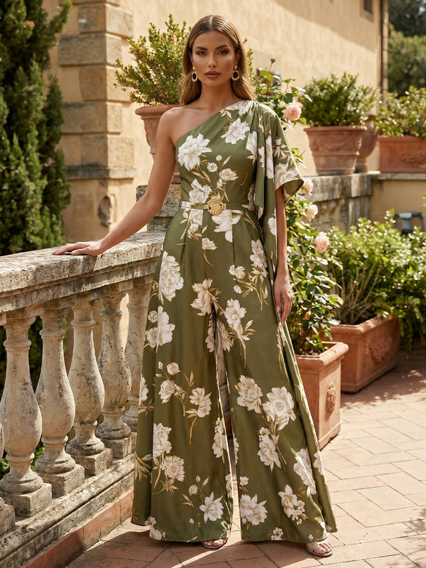 Jumpsuits One-Shoulder Printed Formal Dresses Floor-Length Short Sleeves Floral Evening Dresses