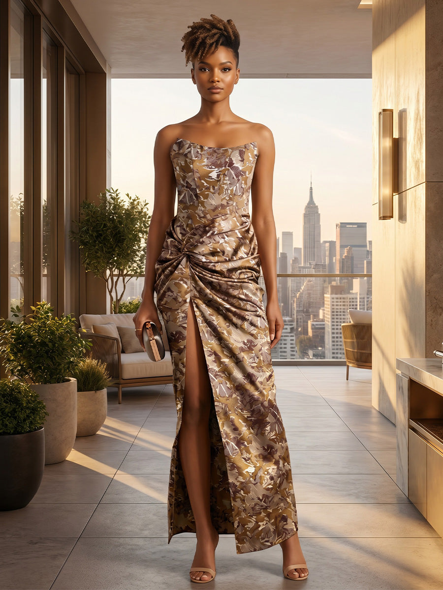 Sheath/Column Strapless Jacquard Formal Dresses with Split Side Ankle-Length Ruched Sleeveless Evening Dresses
