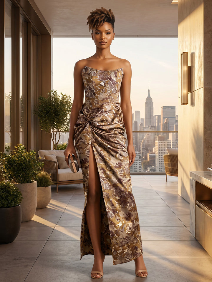 Sheath/Column Strapless Jacquard Formal Dresses with Split Side Ankle-Length Ruched Sleeveless Evening Dresses