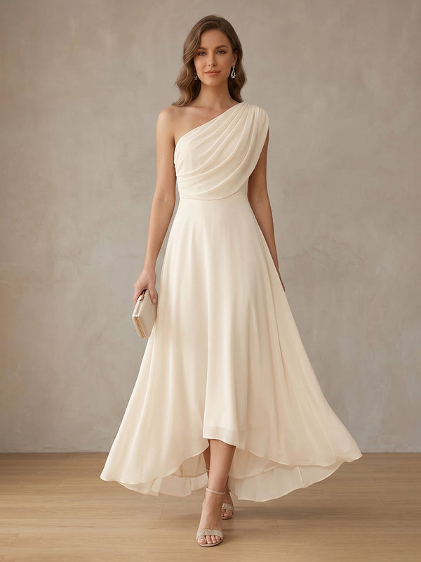 A-Line/Princess One-Shoulder Chiffon Cocktail Dresses Asymmetrical Ankle-Length Little White Dresses Sleeveless